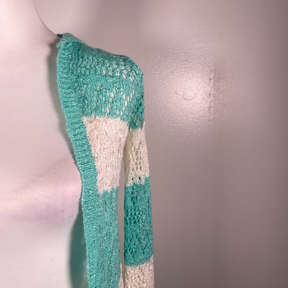 Heart N Crush Mint Green Ivory Hooded Open Weave 3/4 Sleeve Cardigan Sweater S - Picture 4 of 14